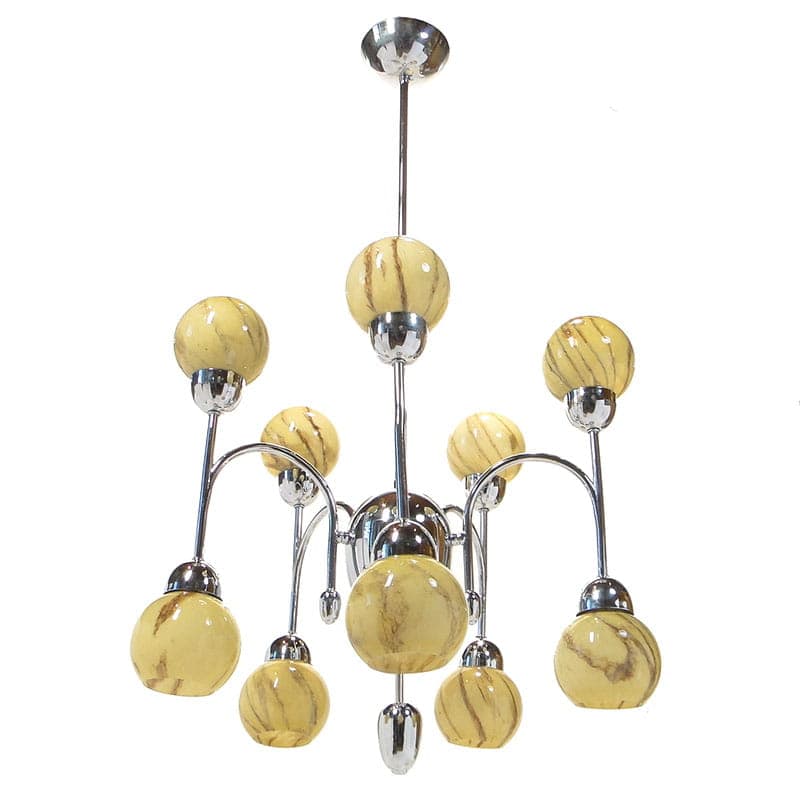 Chandelier Art Deco, beige brown glass, silver chrome brass, Poland, 1920s. - 327026