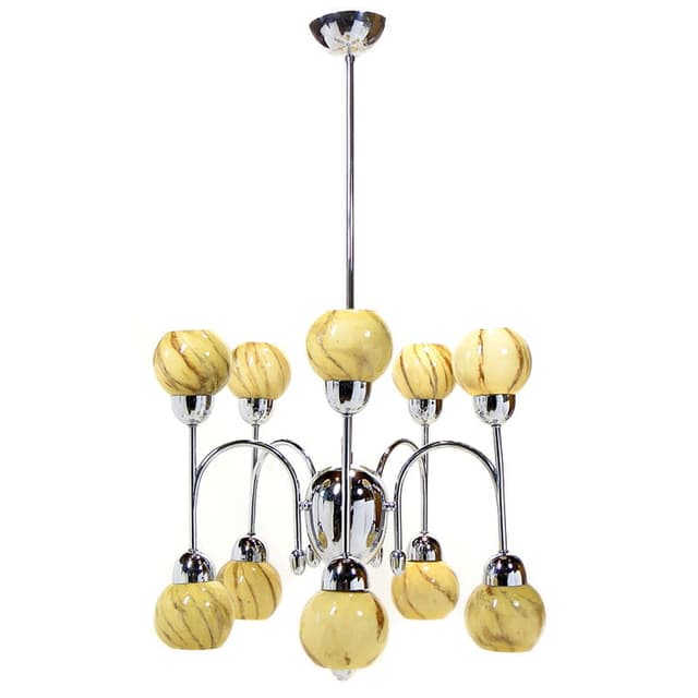 Chandelier Art Deco, beige brown glass, silver chrome brass, Poland, 1920s. - DIMENSION