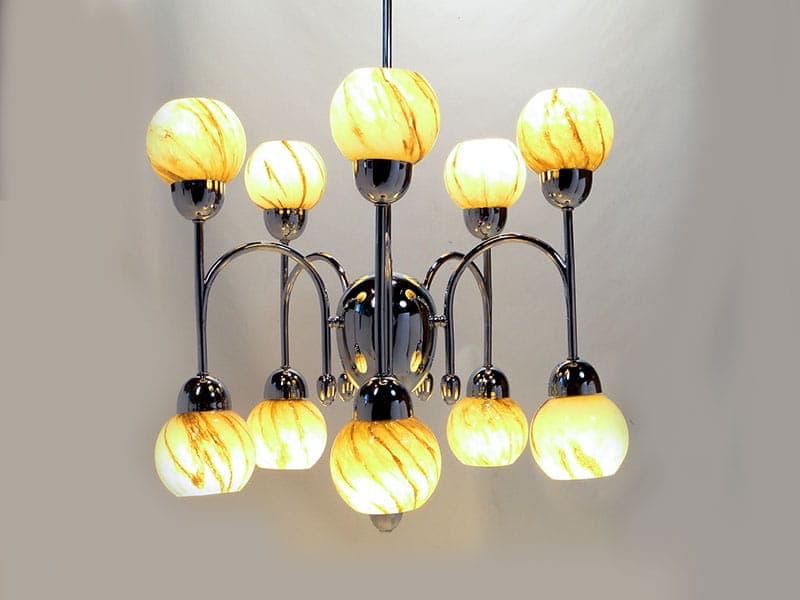Chandelier Art Deco, beige brown glass, silver chrome brass, Poland, 1920s. - 327031