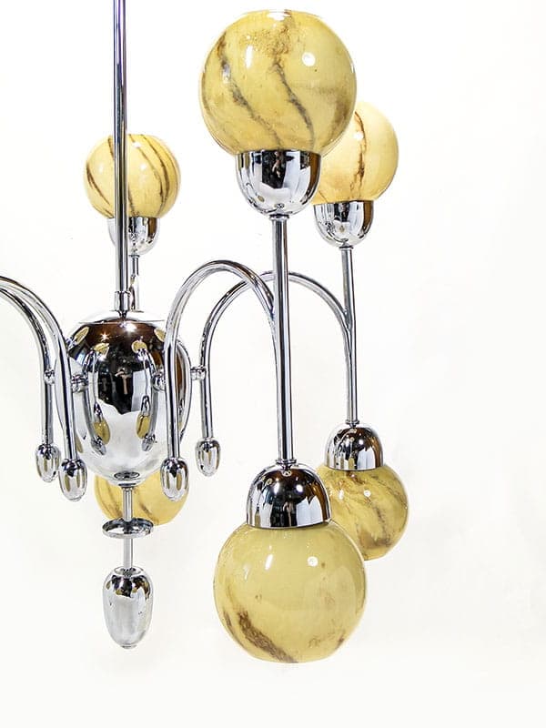Chandelier Art Deco, beige brown glass, silver chrome brass, Poland, 1920s. - 327028