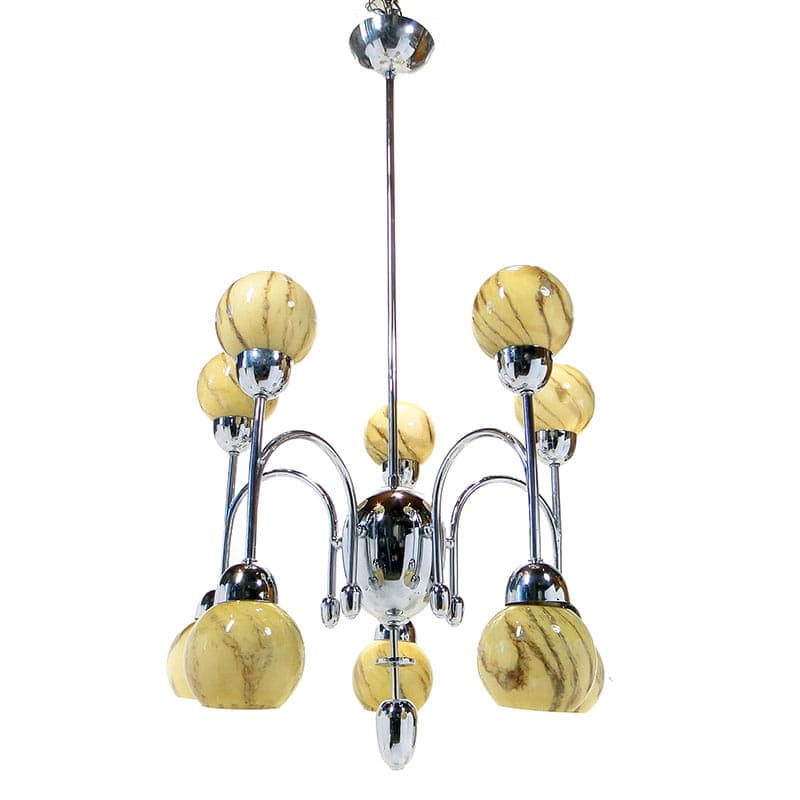Chandelier Art Deco, beige brown glass, silver chrome brass, Poland, 1920s. - 327024