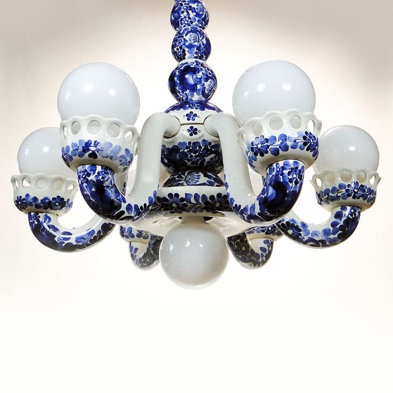 Chandelier, model 1362, white blue, faience, by A. Bisaga, Włocławek, Poland, 1950s - 327055