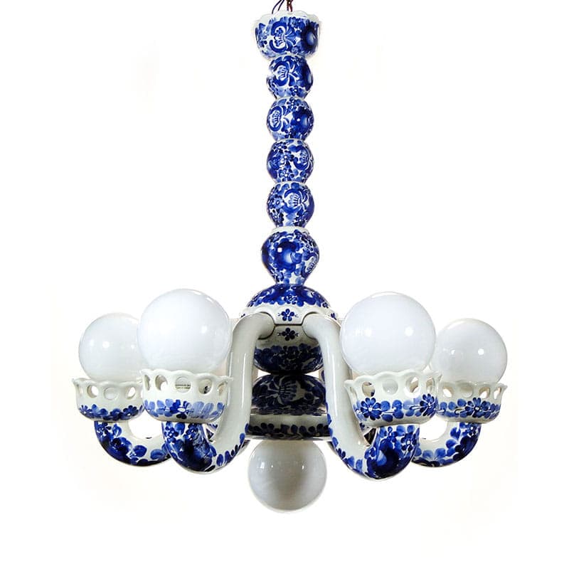 Chandelier, model 1362, white blue, faience, by A. Bisaga, Włocławek, Poland, 1950s - 327054