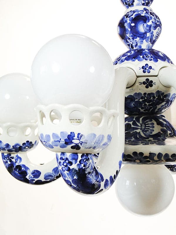 Chandelier, model 1362, white blue, faience, by A. Bisaga, Włocławek, Poland, 1950s - 327053