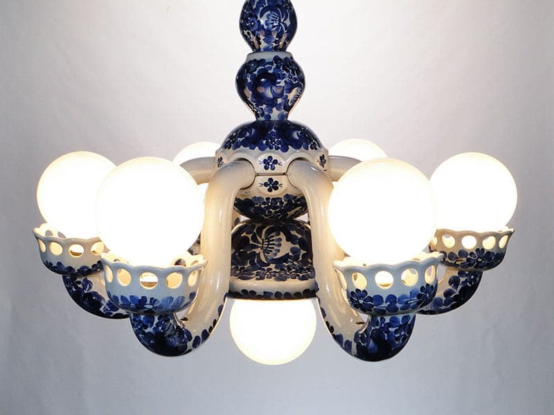 Chandelier, model 1362, white blue, faience, by A. Bisaga, Włocławek, Poland, 1950s - 327057