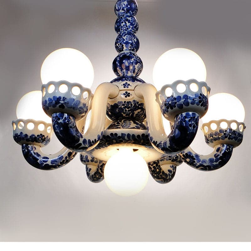 Chandelier, model 1362, white blue, faience, by A. Bisaga, Włocławek, Poland, 1950s - 327056