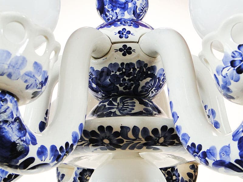 Chandelier, model 1362, white blue, faience, by A. Bisaga, Włocławek, Poland, 1950s - 327052