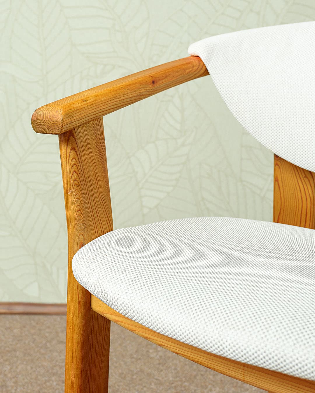 Set of four dining chairs, brown pine, grey fabric, Germany, 1970s. - 327073