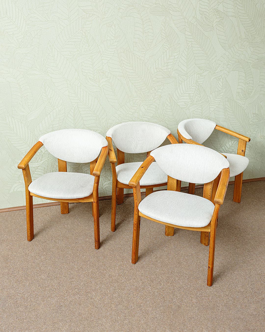 Set of four dining chairs, brown pine, grey fabric, Germany, 1970s. - 327075