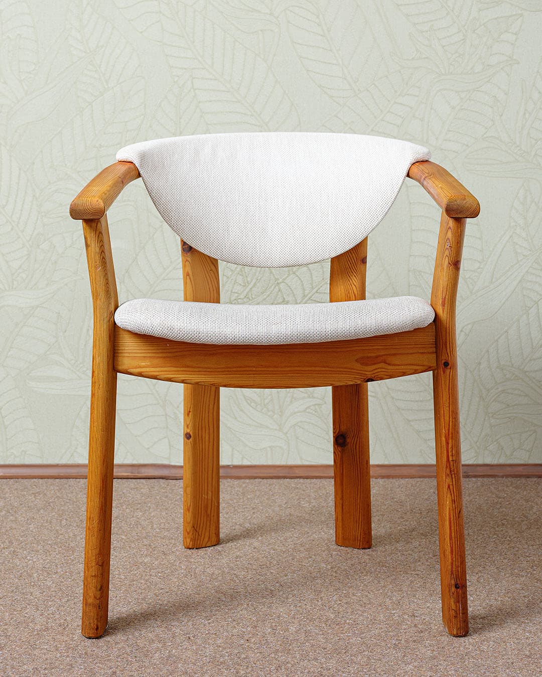Set of four dining chairs, brown pine, grey fabric, Germany, 1970s. - 327076