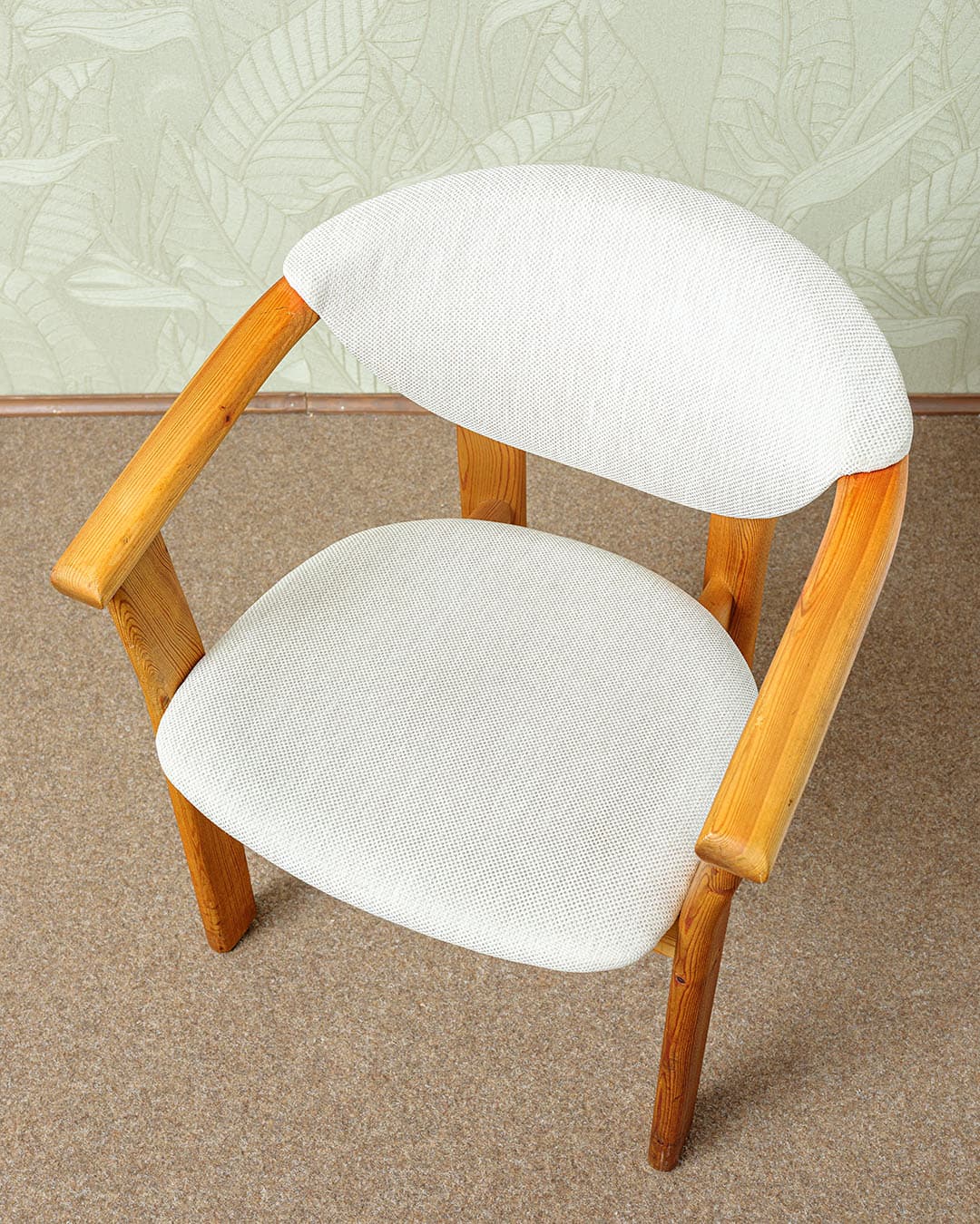 Set of four dining chairs, brown pine, grey fabric, Germany, 1970s. - 327080