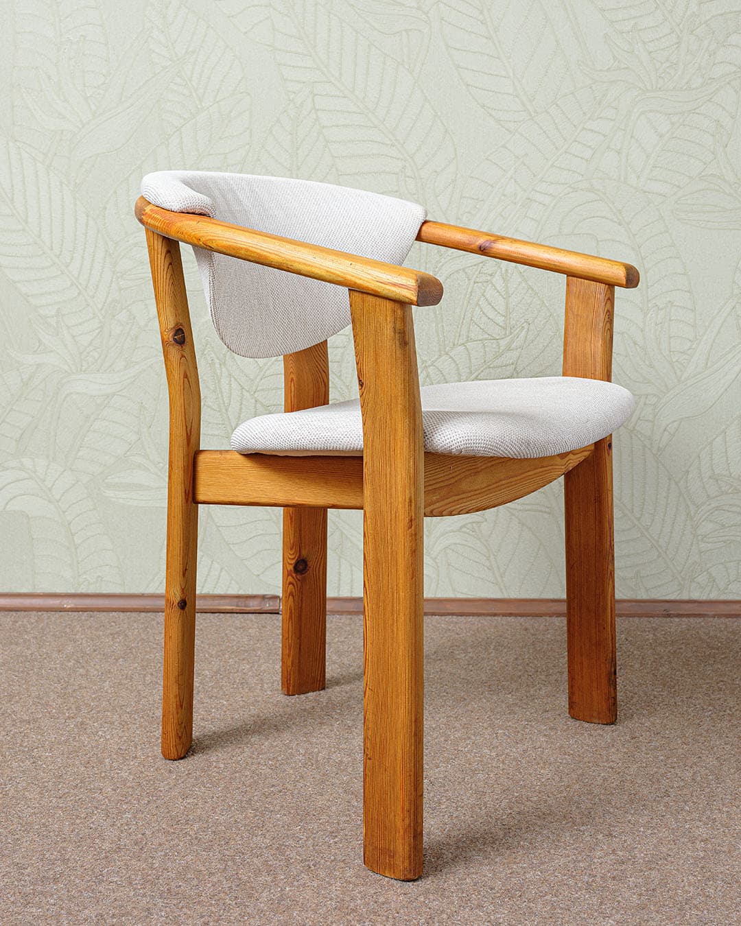 Set of four dining chairs, brown pine, grey fabric, Germany, 1970s. - 327077
