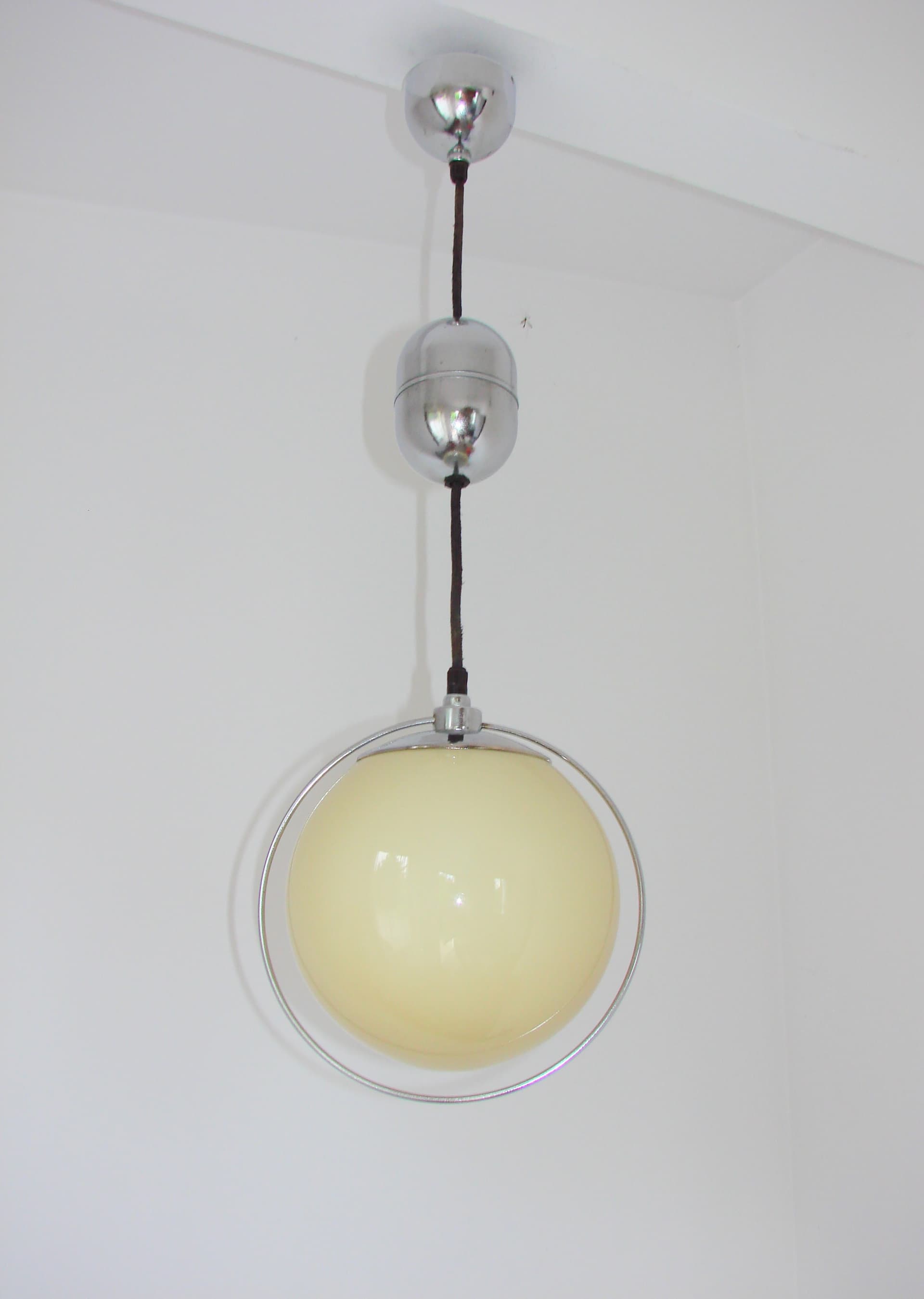 Pendant Lamp Art Deco, silver chrome, beige glass, 1940s. - 327112