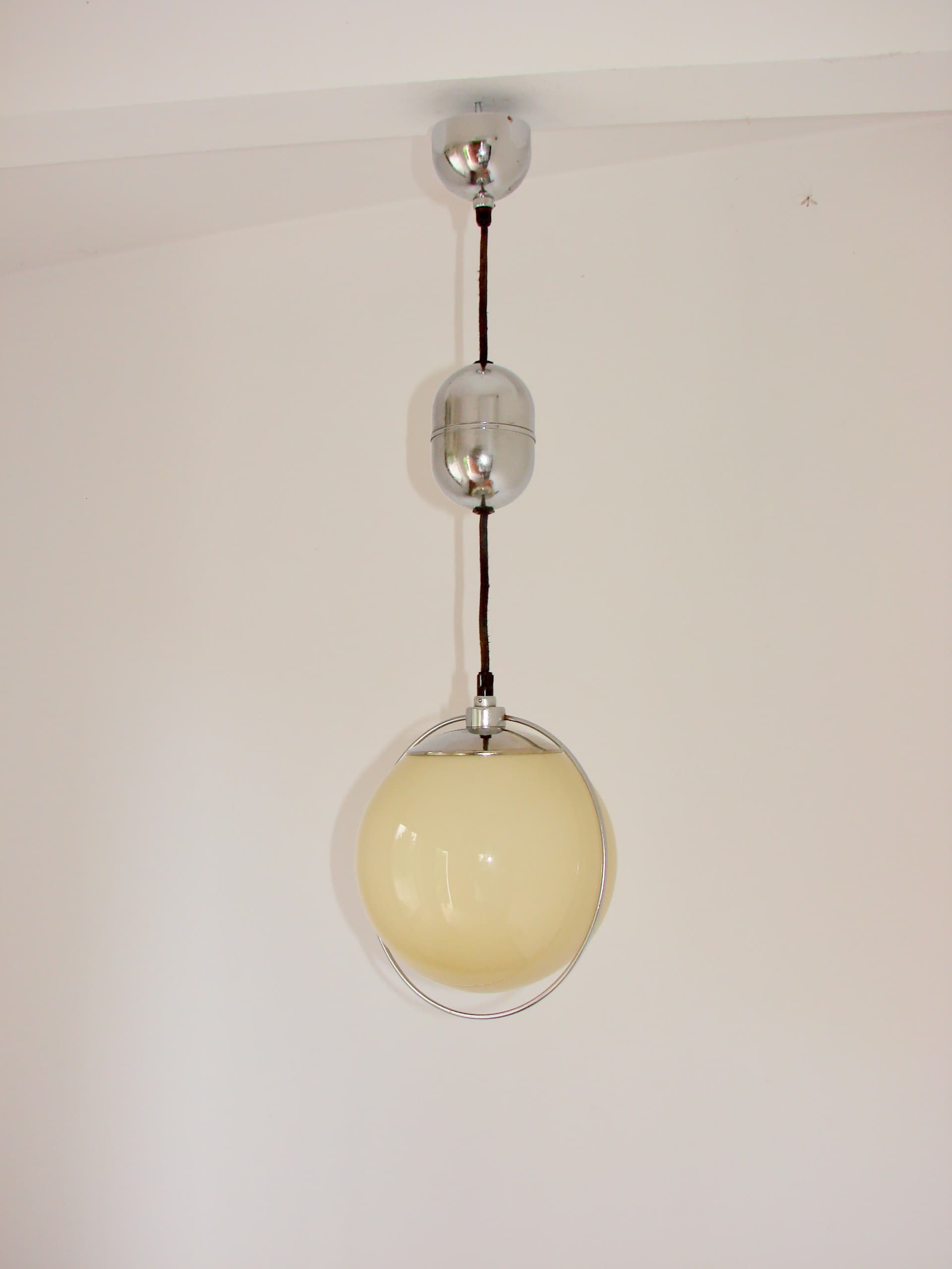 Pendant Lamp Art Deco, silver chrome, beige glass, 1940s. - 327110
