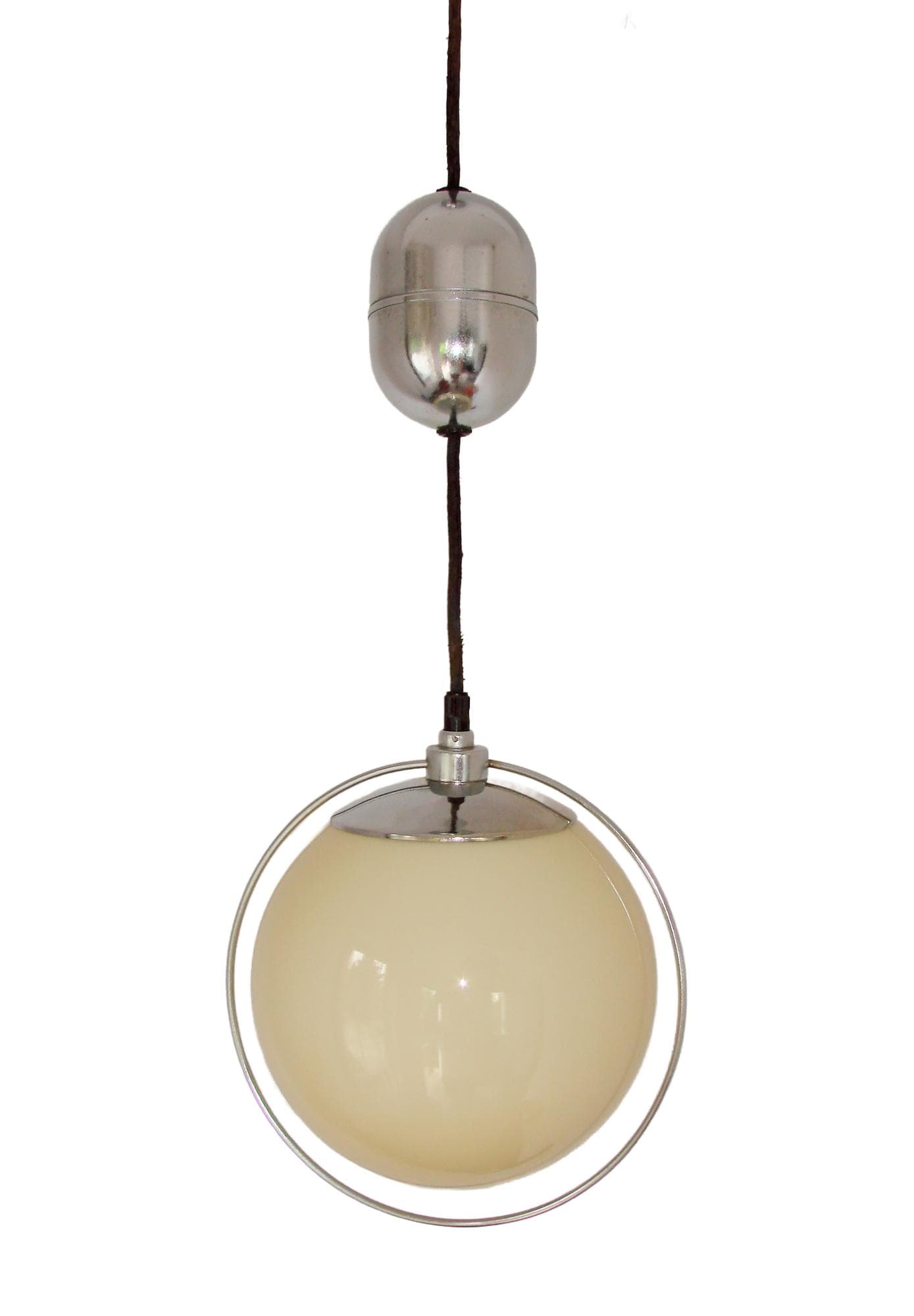 Pendant Lamp Art Deco, silver chrome, beige glass, 1940s.