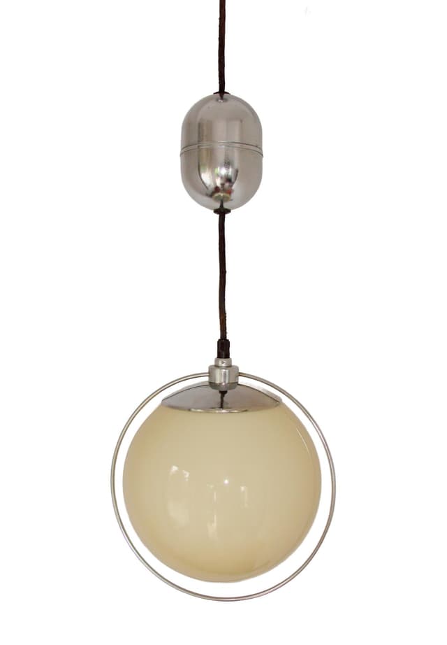 Pendant Lamp Art Deco, silver chrome, beige glass, 1940s. - DIMENSION