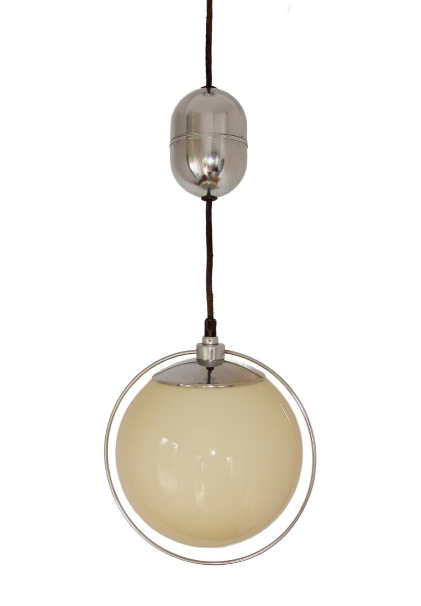 Pendant Lamp Art Deco, silver chrome, beige glass, 1940s.