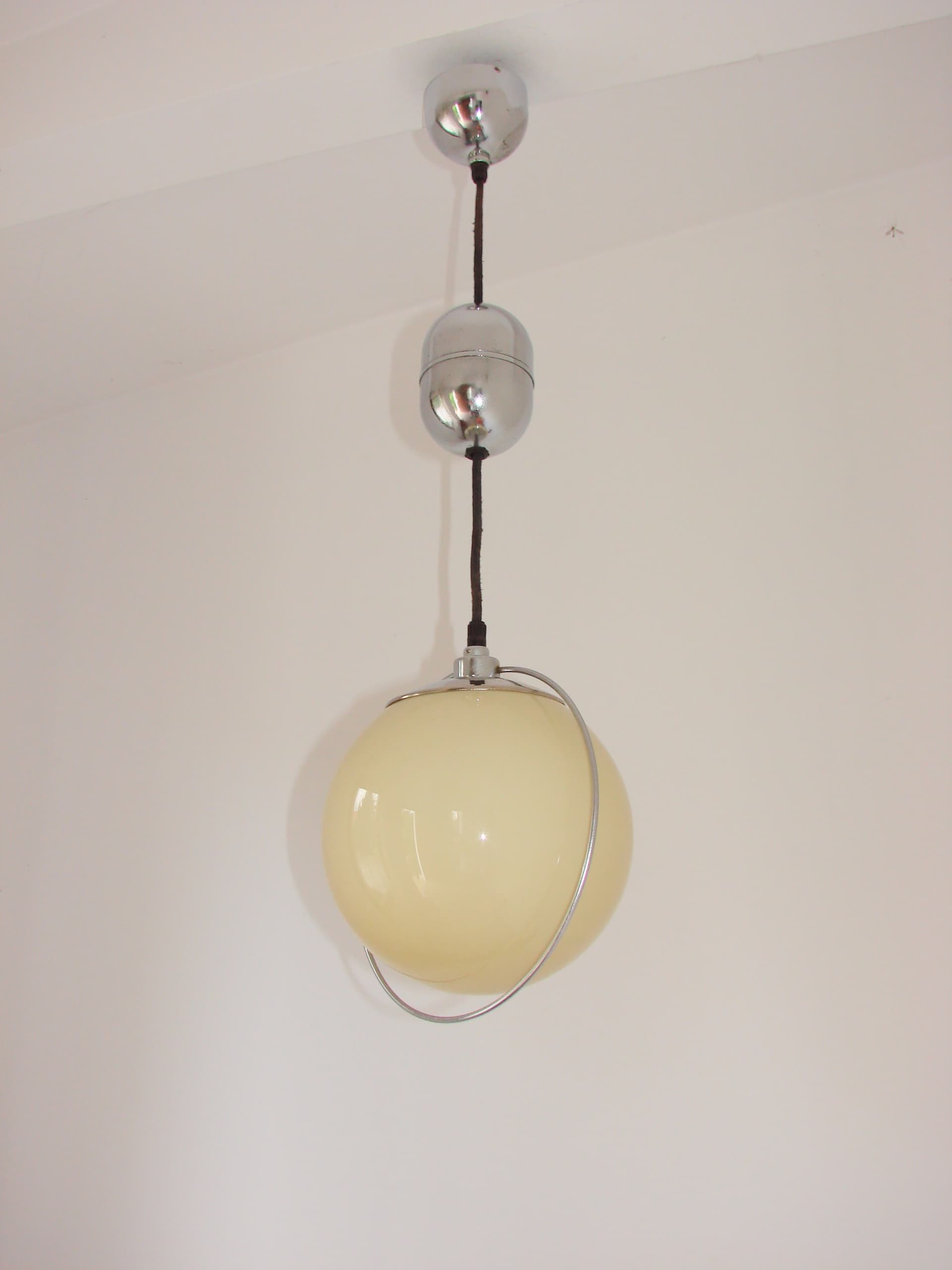 Pendant Lamp Art Deco, silver chrome, beige glass, 1940s. - 327111