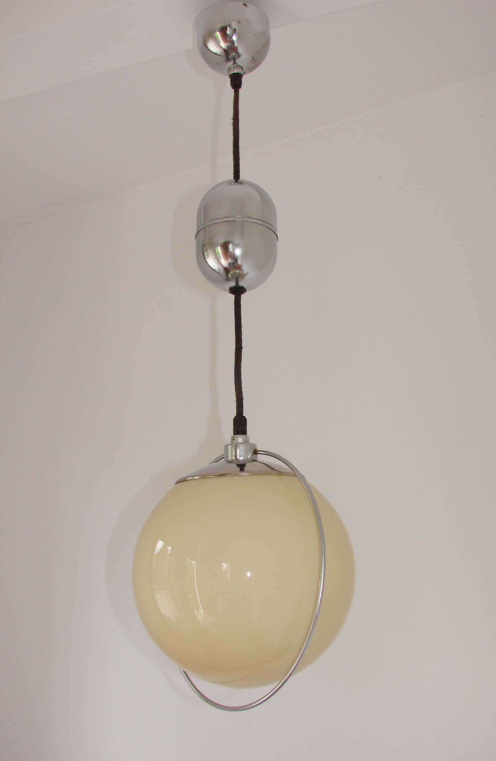 Pendant Lamp Art Deco, silver chrome, beige glass, 1940s. - 327114