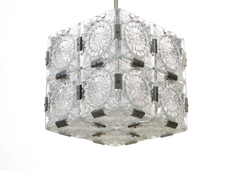 Chandelier cube, transparent glass, brushed silver steel, Kamenicky Šenov, Czech Republic, 1960s. - 327126