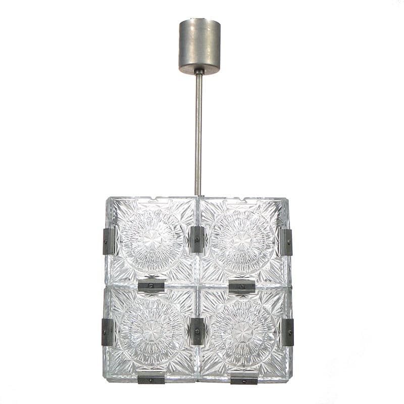 Chandelier cube, transparent glass, brushed silver steel, Kamenicky Šenov, Czech Republic, 1960s. - 327127