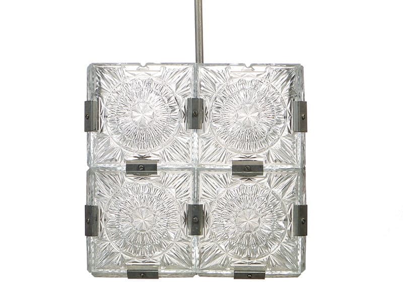 Chandelier cube, transparent glass, brushed silver steel, Kamenicky Šenov, Czech Republic, 1960s. - 327125