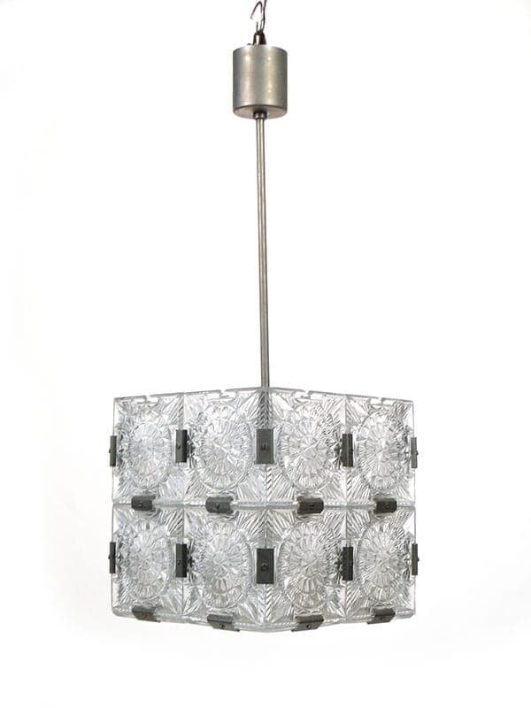 Chandelier cube, transparent glass, brushed silver steel, Kamenicky Šenov, Czech Republic, 1960s.