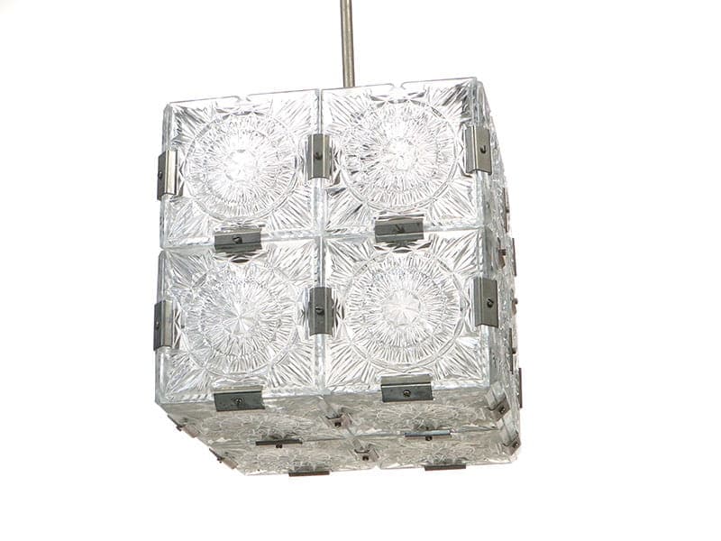 Chandelier cube, transparent glass, brushed silver steel, Kamenicky Šenov, Czech Republic, 1960s. - 327124