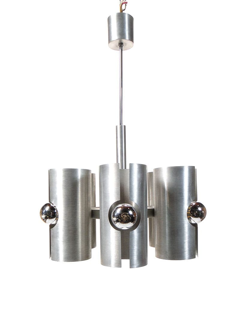 Chandelier Pop Art, silver white, aluminum chrome, Polam, Poland, 1960s.