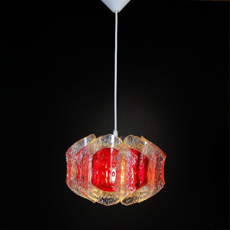 Pendant lamp, transparent red glass, white plastic, grey metal, by A. F. Gangkofner, Germany, 1960s. - 327145