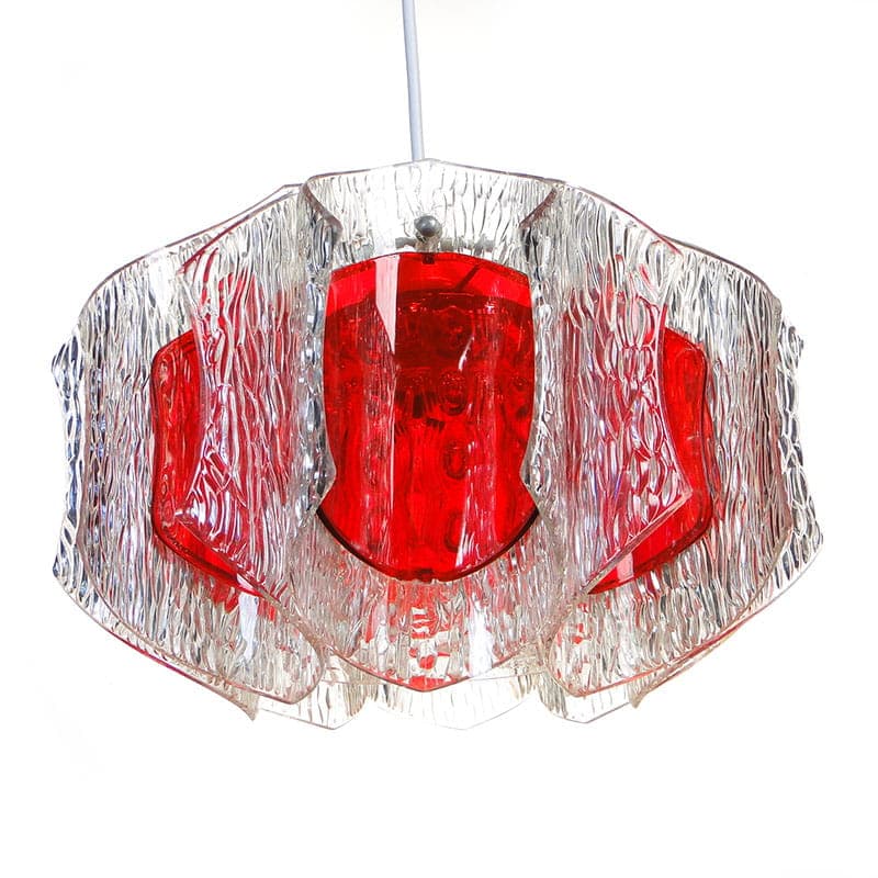 Pendant lamp, transparent red glass, white plastic, grey metal, by A. F. Gangkofner, Germany, 1960s. - 327146