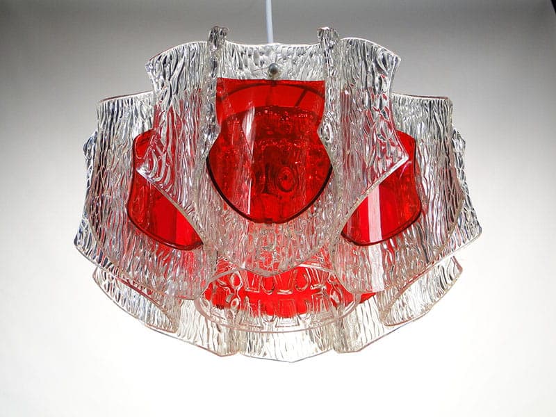 Pendant lamp, transparent red glass, white plastic, grey metal, by A. F. Gangkofner, Germany, 1960s. - 327148