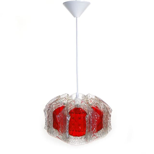 Pendant lamp, transparent red glass, white plastic, grey metal, by A. F. Gangkofner, Germany, 1960s. - DIMENSION