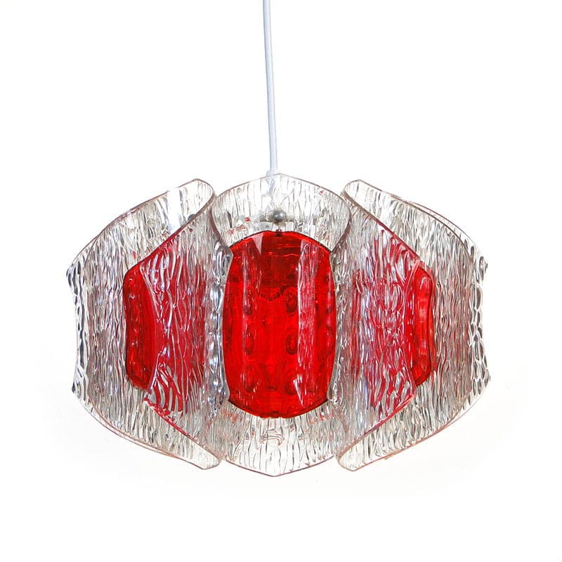 Pendant lamp, transparent red glass, white plastic, grey metal, by A. F. Gangkofner, Germany, 1960s. - 327153