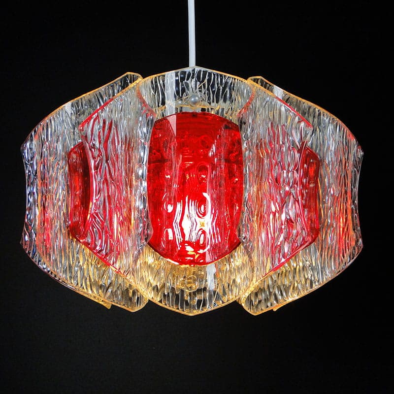 Pendant lamp, transparent red glass, white plastic, grey metal, by A. F. Gangkofner, Germany, 1960s. - 327154