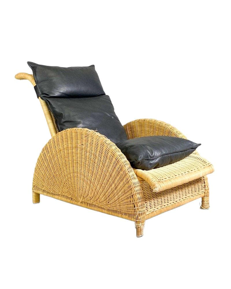 Fotel Paris, skóra czarna, rattan brązowy, proj. A. Jacobsen, Dania, lata 20.