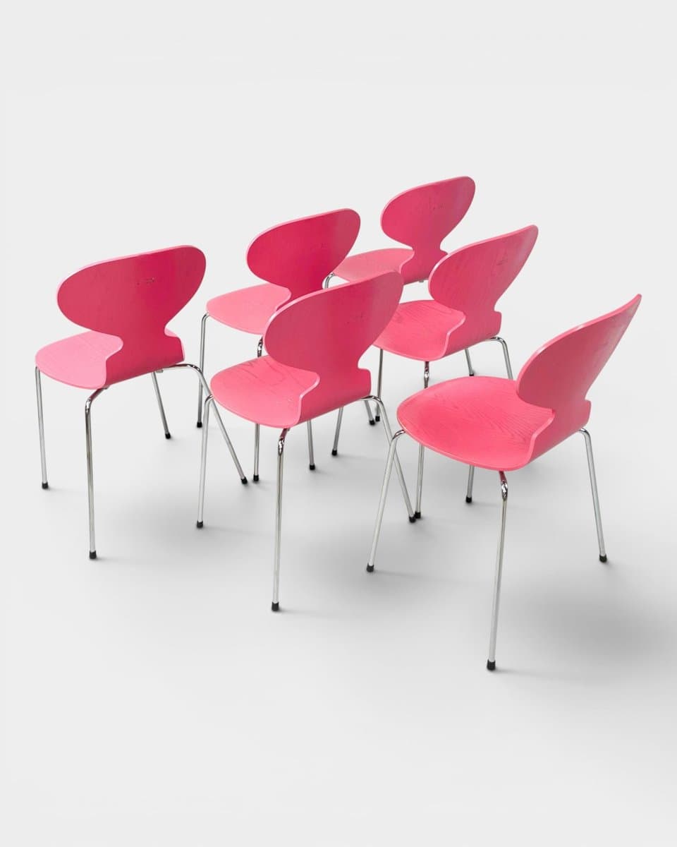 Set of six chairs Model 3101 Ant, pink plywood, chromed steel, by A. Jacobsen, Fritz Hansen, Denmark, 1970s. - 327281