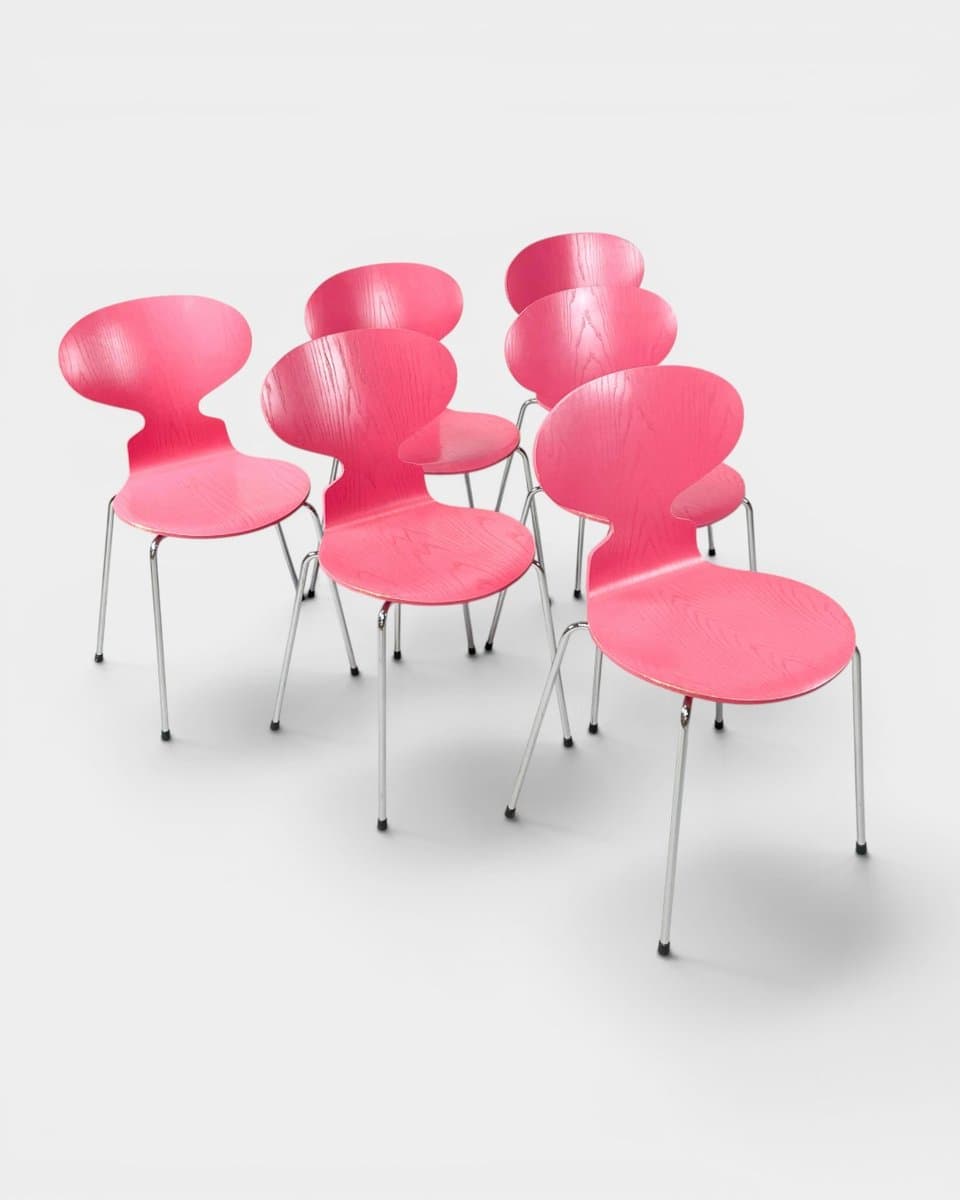 Set of six chairs Model 3101 Ant, pink plywood, chromed steel, by A. Jacobsen, Fritz Hansen, Denmark, 1970s. - 327285