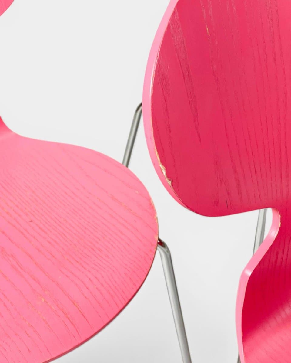 Set of six chairs Model 3101 Ant, pink plywood, chromed steel, by A. Jacobsen, Fritz Hansen, Denmark, 1970s. - 327282