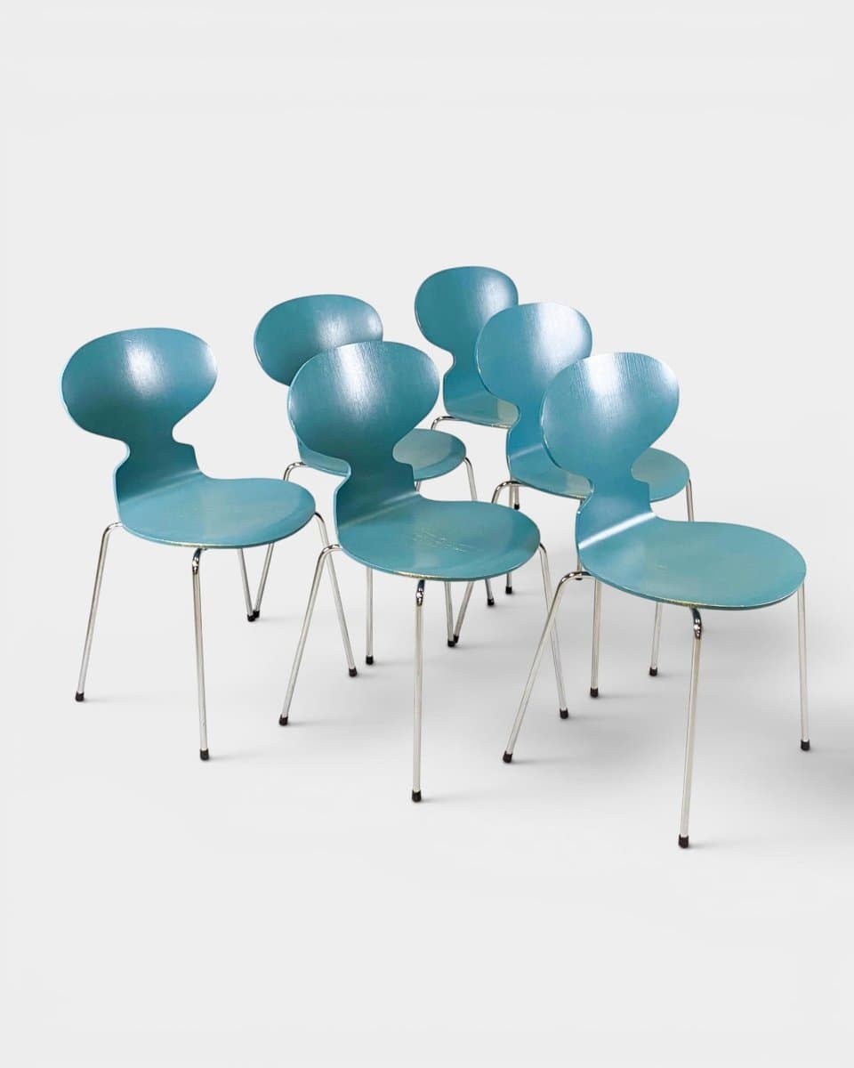 Set of six chairs Model 3101 The Ant, blue plywood, chromed steel, by A. Jacobsen, Fritz Hansen, Denmark, 1970s. - 327279