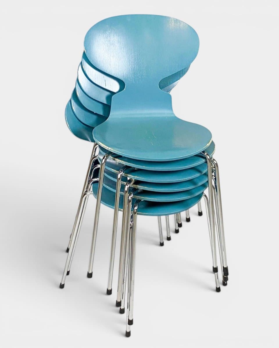 Set of six chairs Model 3101 The Ant, blue plywood, chromed steel, by A. Jacobsen, Fritz Hansen, Denmark, 1970s. - 327276