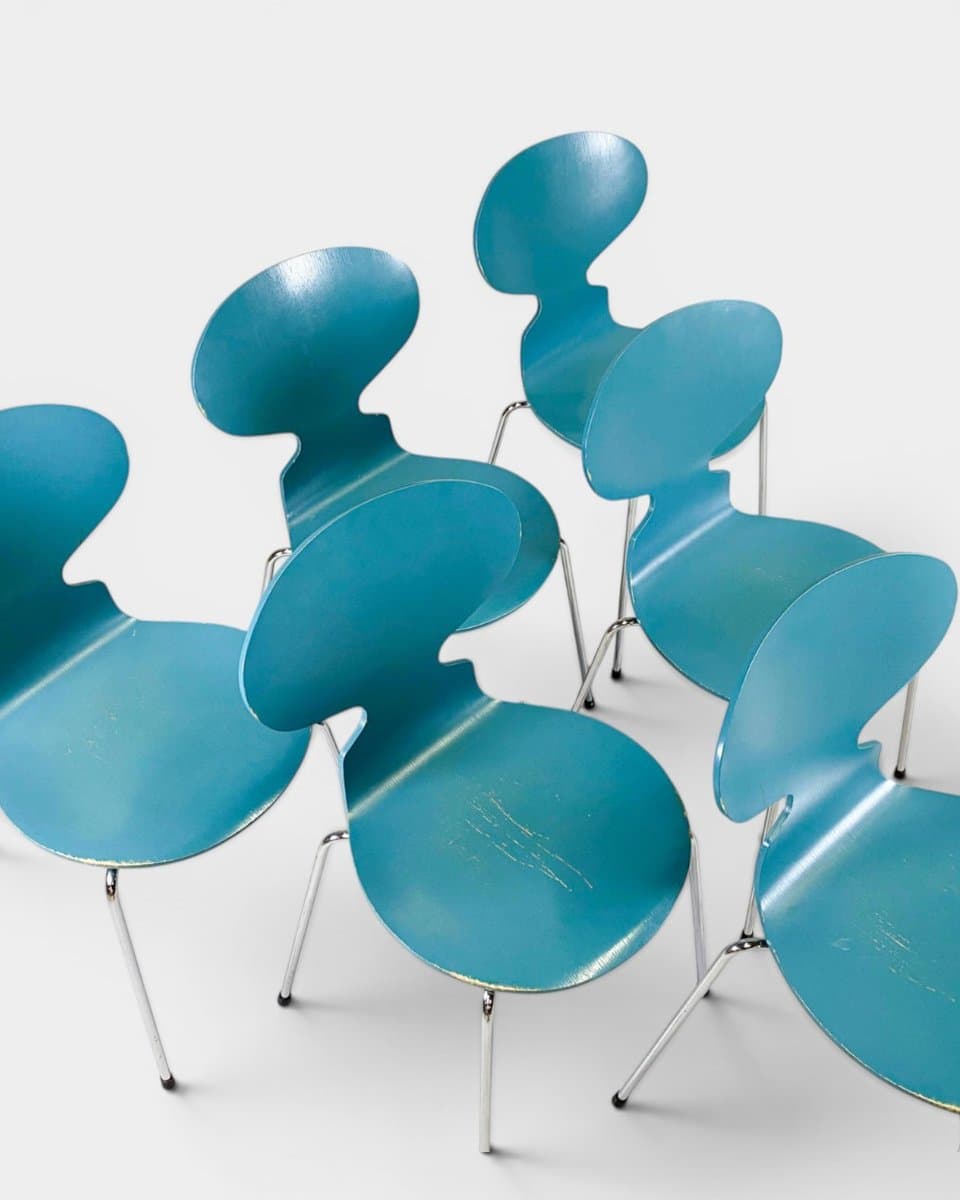 Set of six chairs Model 3101 The Ant, blue plywood, chromed steel, by A. Jacobsen, Fritz Hansen, Denmark, 1970s. - 327275