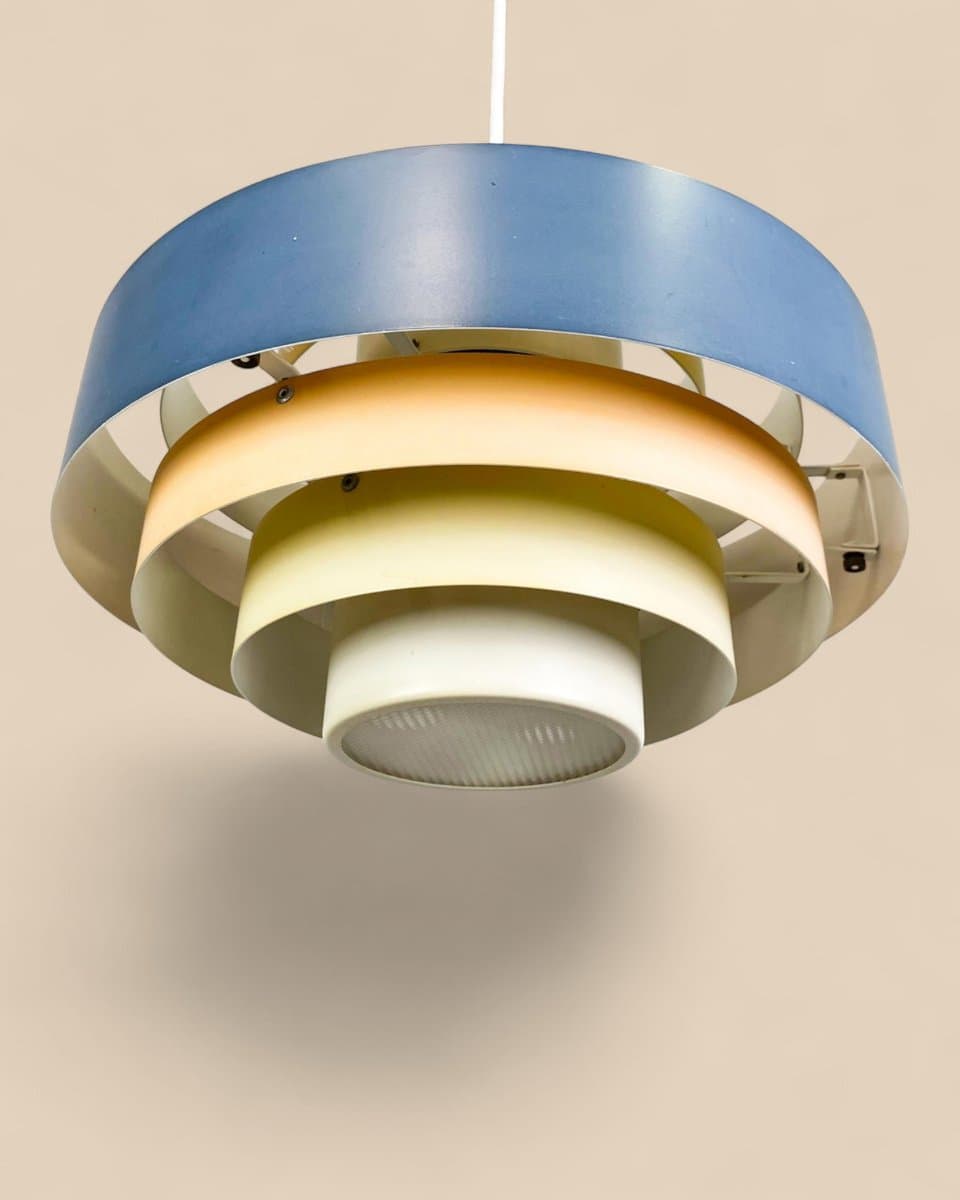 Lampa wisząca Ultra, metal niebieski, plastik kremowy, proj. J. Hammerborg, Fog & Mørup, Dania, lata 60. - 327235