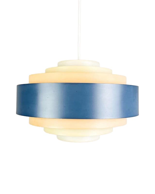 Lampa wisząca Ultra, metal niebieski, plastik kremowy, proj. J. Hammerborg, Fog & Mørup, Dania, lata 60. - WYMIARY