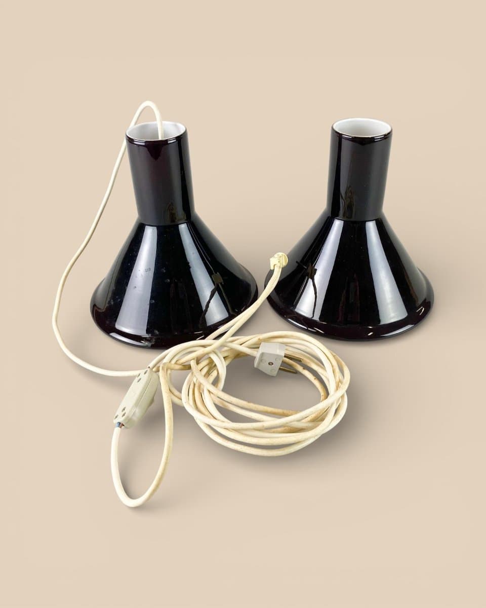 Zestaw dwóch lamp wiszących Mini P&T, szkło opalowe czarne białe, Holmegaard, Dania, lata 60. - 327326