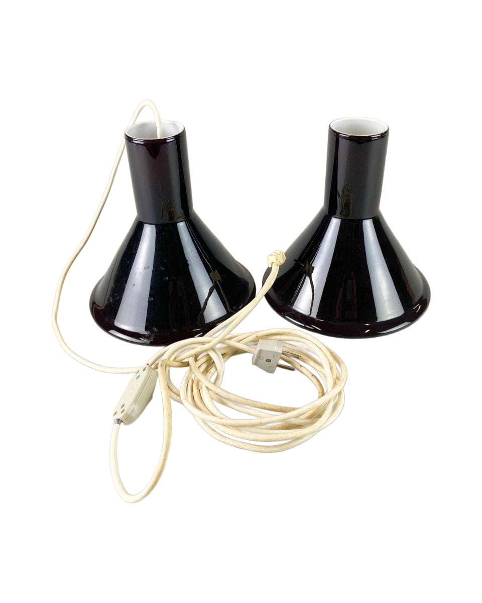 Zestaw dwóch lamp wiszących Mini P&T, szkło opalowe czarne białe, Holmegaard, Dania, lata 60.
