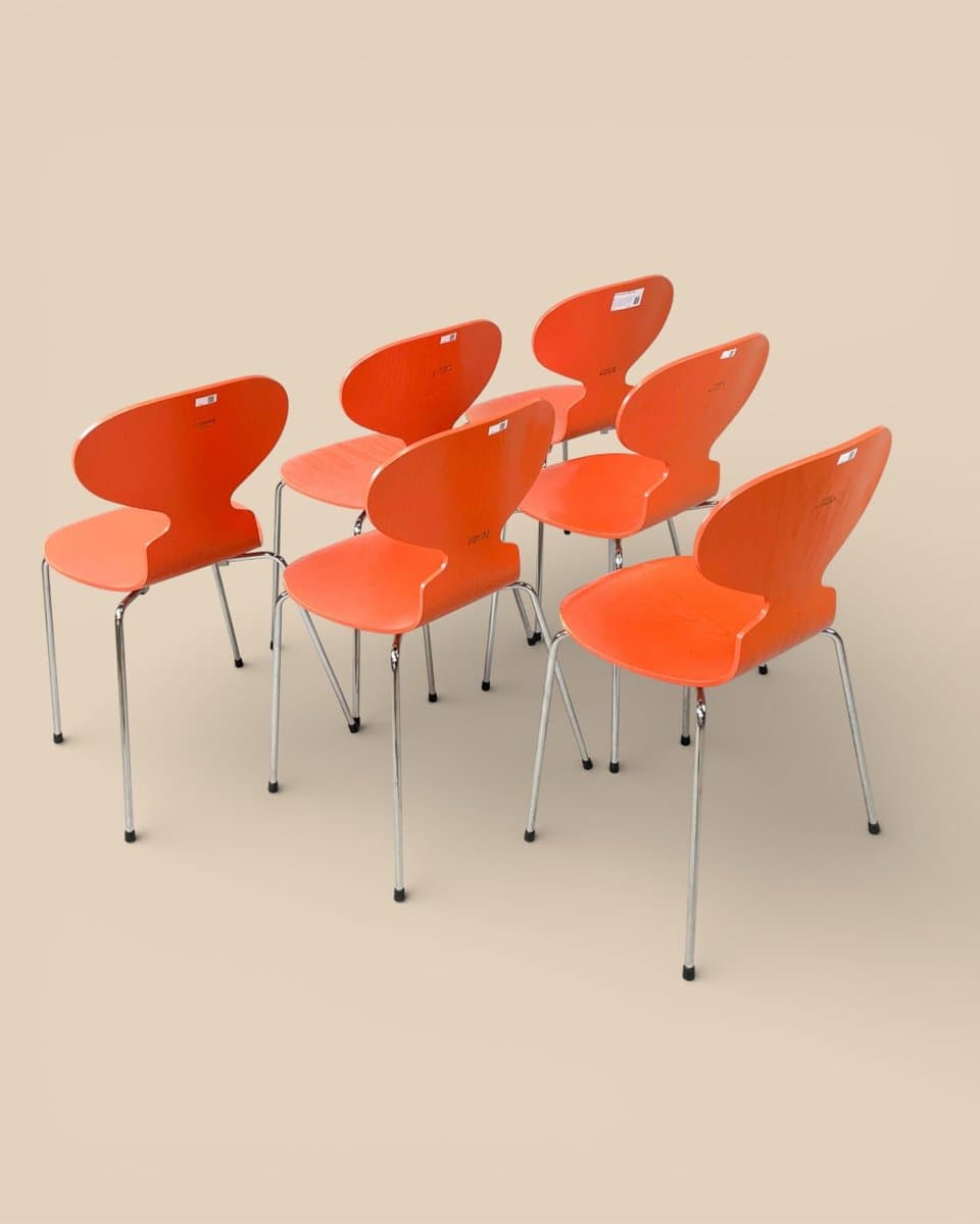 Set of six chairs Model 3101 Ant, orange plywood, chromed steel, by A. Jacobsen, Fritz Hansen, Denmark, 1970s. - 327319