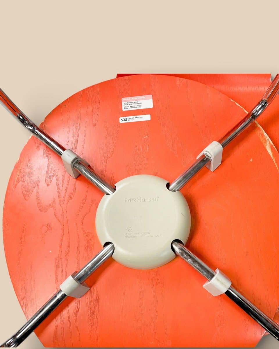 Set of six chairs Model 3101 Ant, orange plywood, chromed steel, by A. Jacobsen, Fritz Hansen, Denmark, 1970s. - 327320