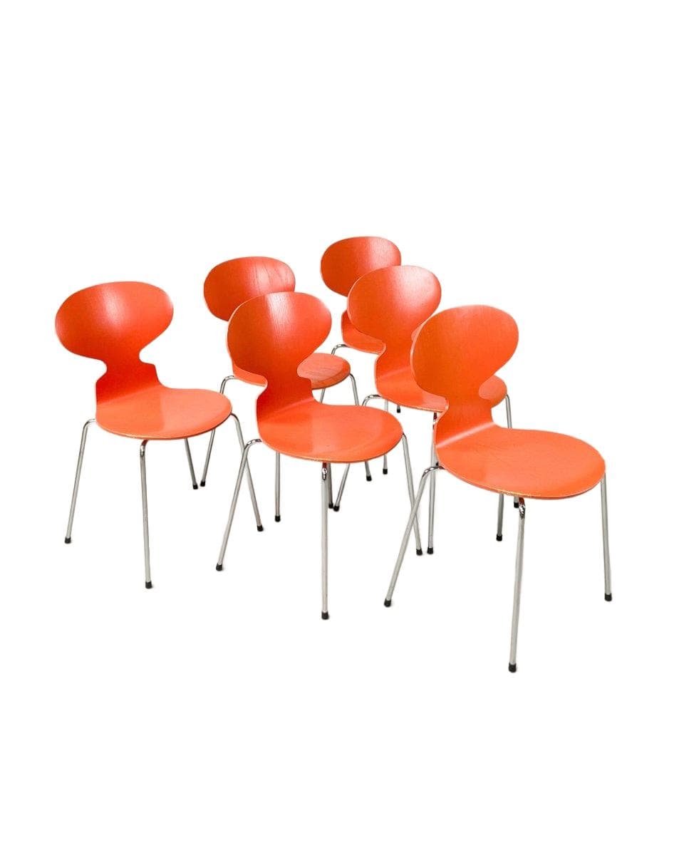 Set of six chairs Model 3101 Ant, orange plywood, chromed steel, by A. Jacobsen, Fritz Hansen, Denmark, 1970s.