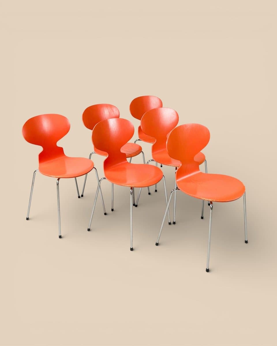 Set of six chairs Model 3101 Ant, orange plywood, chromed steel, by A. Jacobsen, Fritz Hansen, Denmark, 1970s. - 327321